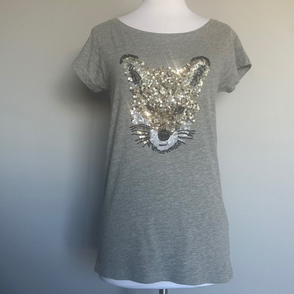 French Connection Embellished Sequin Beaded Gray Fox Cotton T-shirt Tee Top S - Picture 1 of 9
